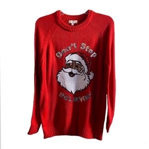 Poof Christmas Ugly Sweater Don't Stop Believing Sequined Sweater